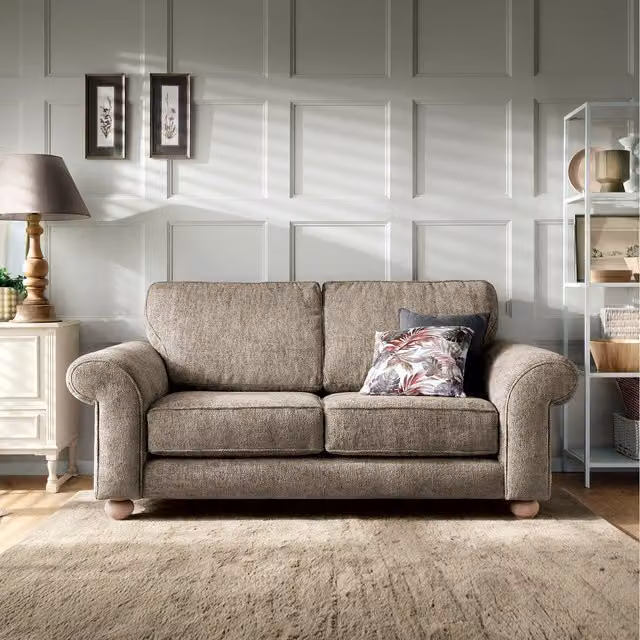 Abakus Direct Ingrid 2 Seater Upholstered Fabric Sofa in Beige and Yellow with Scatter Cushions