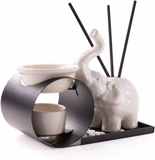 Myga Elephant Ceramic Oil Burner and Incense Holder in Grey and White