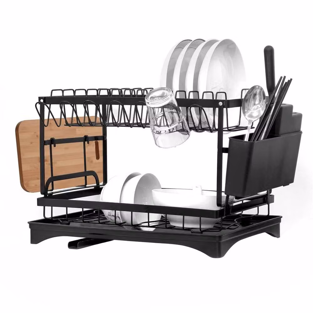 PAWNORA 2 Tier Metal Dish Drying Rack with Cutlery Holder in Black – 2