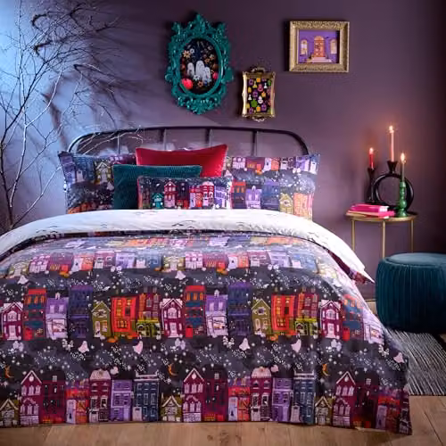 Riva Home Creepy Town Reversible Graphic Duvet Cover Set, Multicolour, W: 180 cm, D: 200 cm