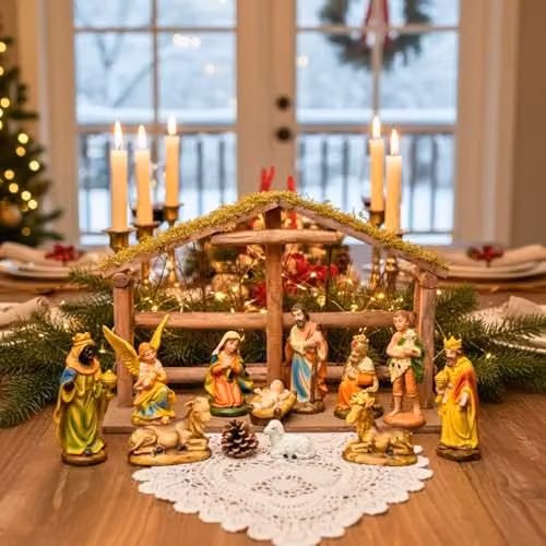 Shatchi Handmade Wooden Nativity Scene Birth Jesus Christ Stable Sculpture in Brown and Multicolour, W: 29.0 cm, H: 15.0 cm, D: 15.0 cm – 6