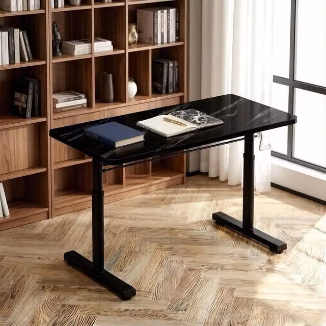 VOGREX Black Marble MDF Height Adjustable Computer Desk with Manual Hand Crank
