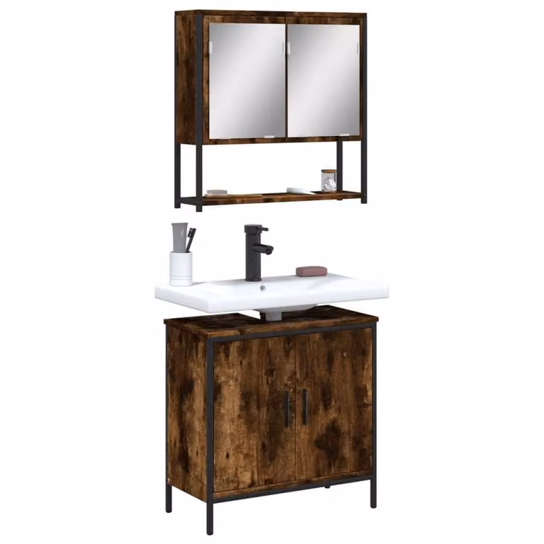 Berkfield Home 2 Piece Industrial Bathroom Furniture Set in Brown Smoked Oak with Mirror Cabinet and Vanity Unit
