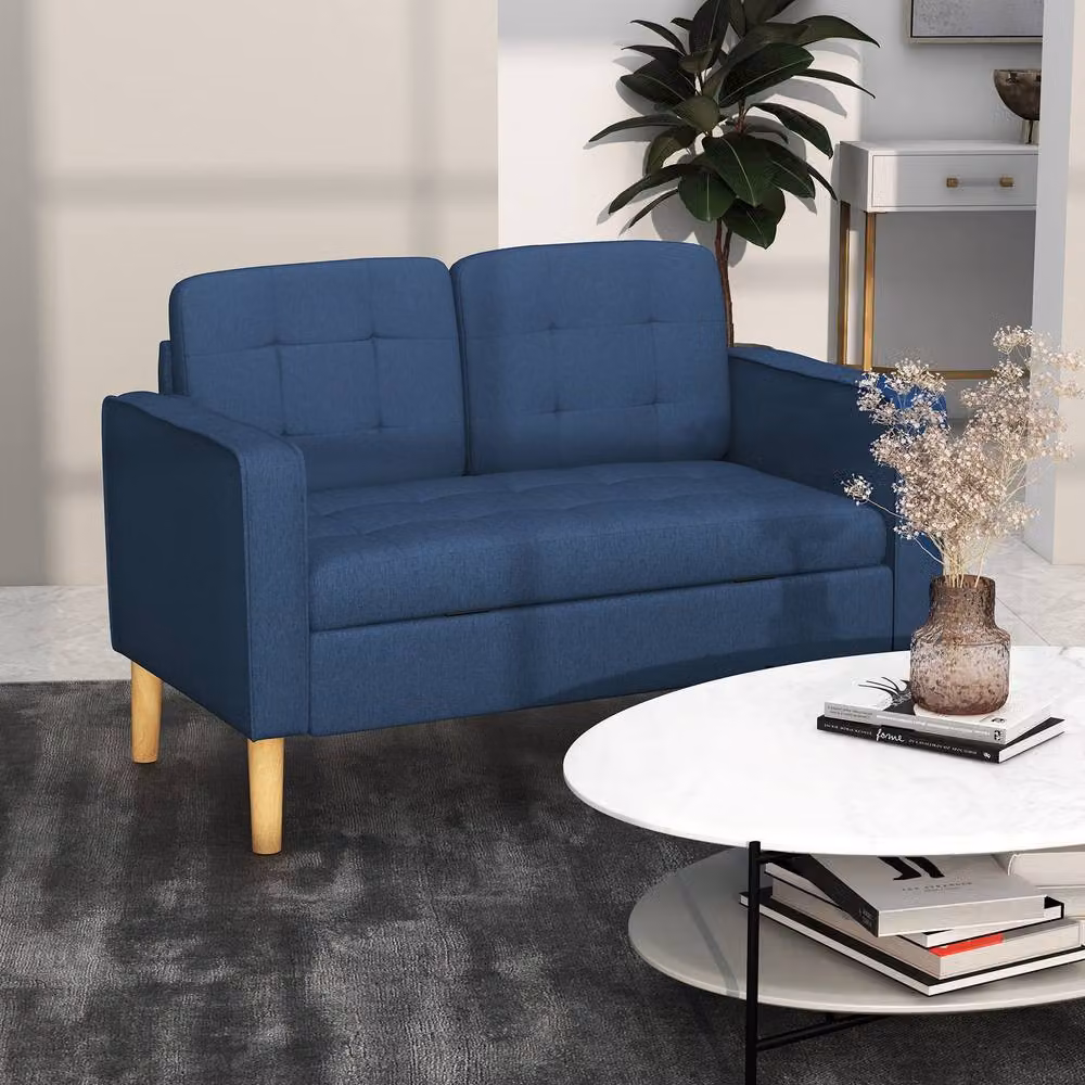 STILVORA Blue Cotton Upholstered Sofa with Storage and Pull Out Drawer – 2