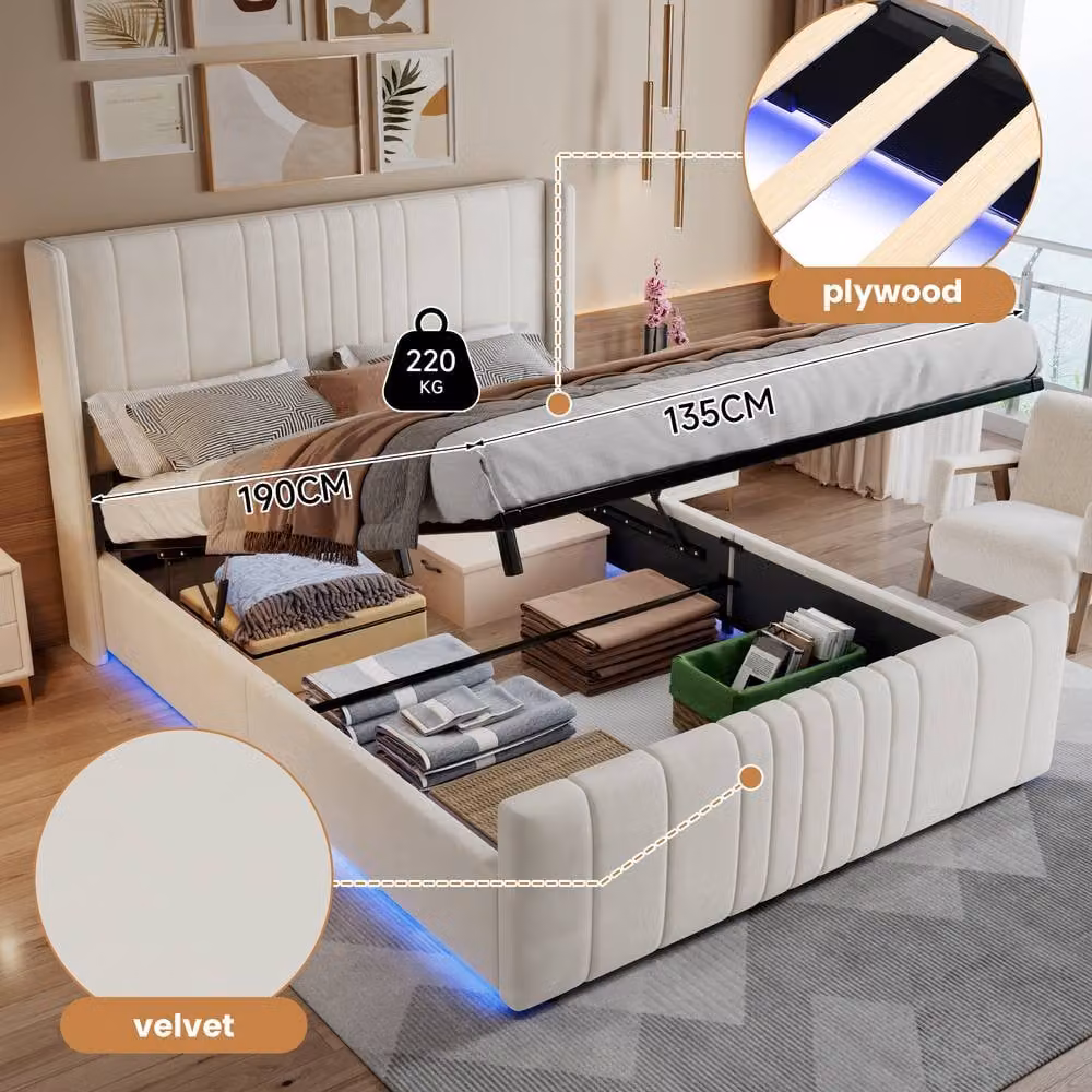 Rolipo Beige Velvet Double Ottoman Storage Bed with LED Lighting, W/D/H: 140 x 200 x 135 cm – 3