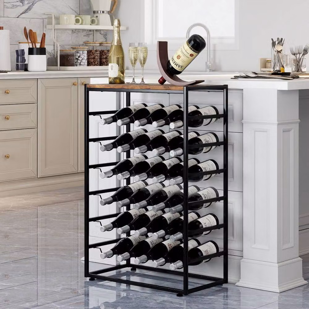 Levede 30 Bottle Metal Freestanding Wine Rack with Wooden Top, 6-Tier Industrial Floor Standing Wine Storage Shelf in Black and Brown, W: 59 cm, D: 30 cm, H: 88 cm – 3