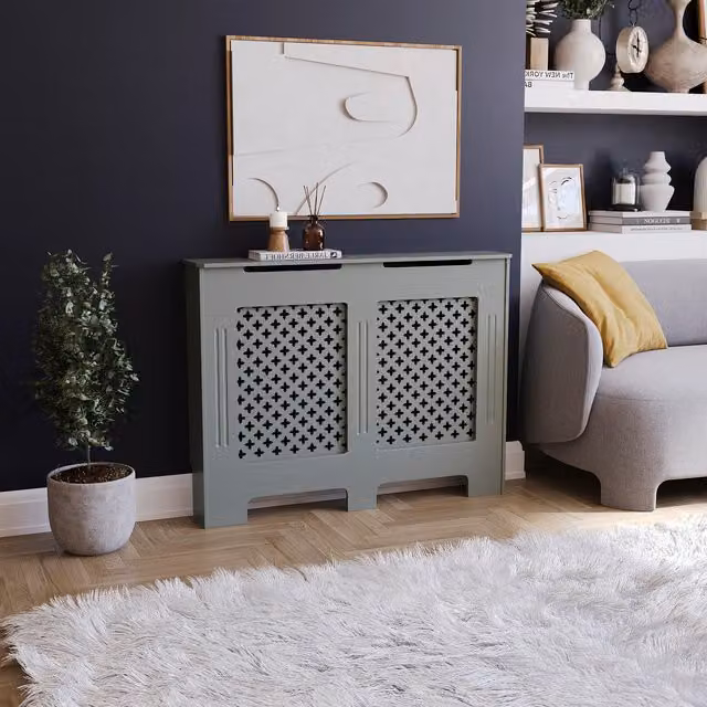 Vida Designs Oxford Radiator Cover in Olive Grey with Traditional Cross Pattern Design, H82 x W111 x D19 cm – 1