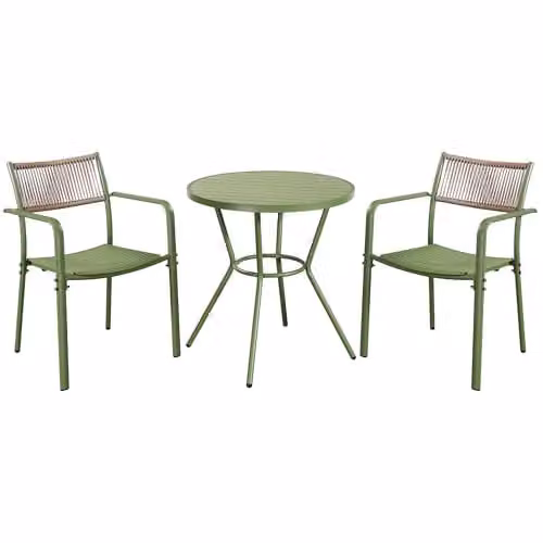 Core Products 3-Piece Bistro Garden Set with Two Rope-Effect Armchairs and Round Metal Table in White or Green – 1