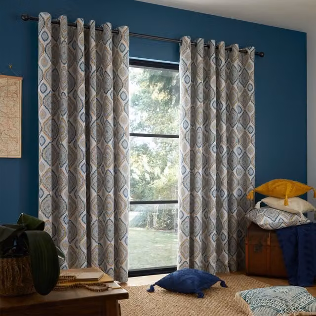 Pineapple Elephant Ziri Cotton Ready Made Eyelet Curtains in Petrol and Multicolour