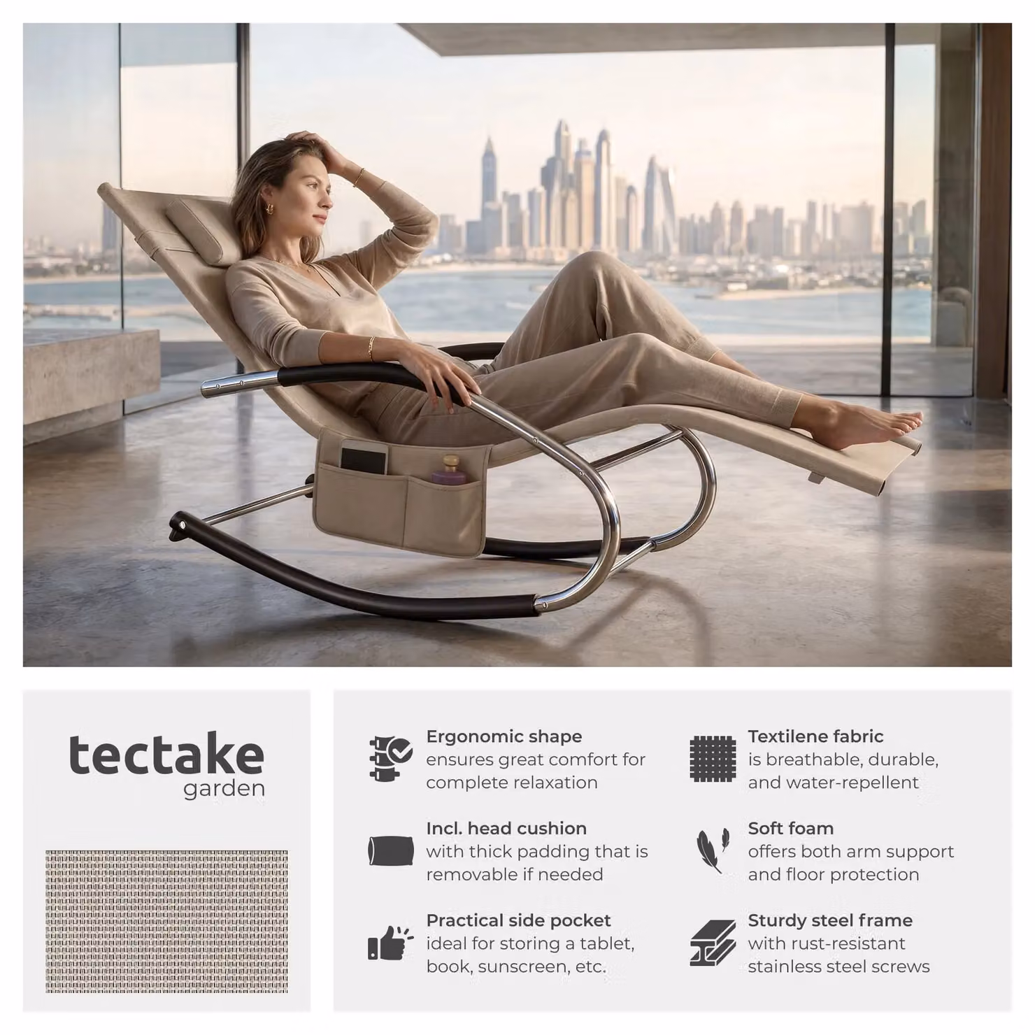 tectake Taya 2 Seater Sun Lounger in Beige with Textilene Fabric and Powder Coated Steel Frame – 2