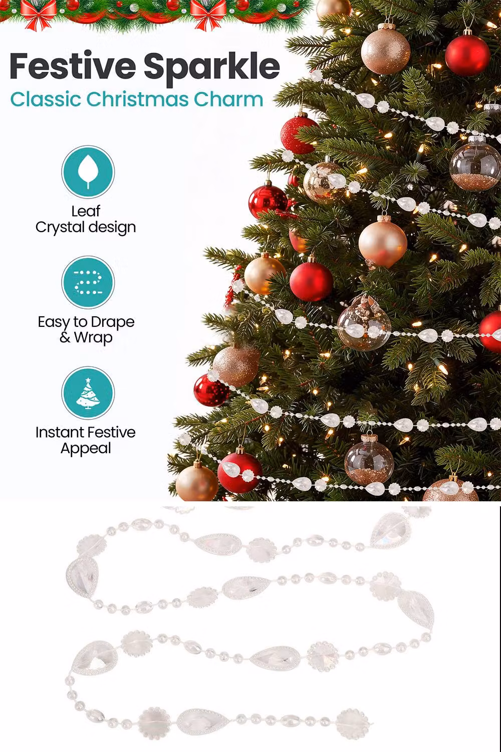 Neel Blue Iridescent Bead Chain Garland, 8m Christmas Decoration in Blue, White and Transparent – 3