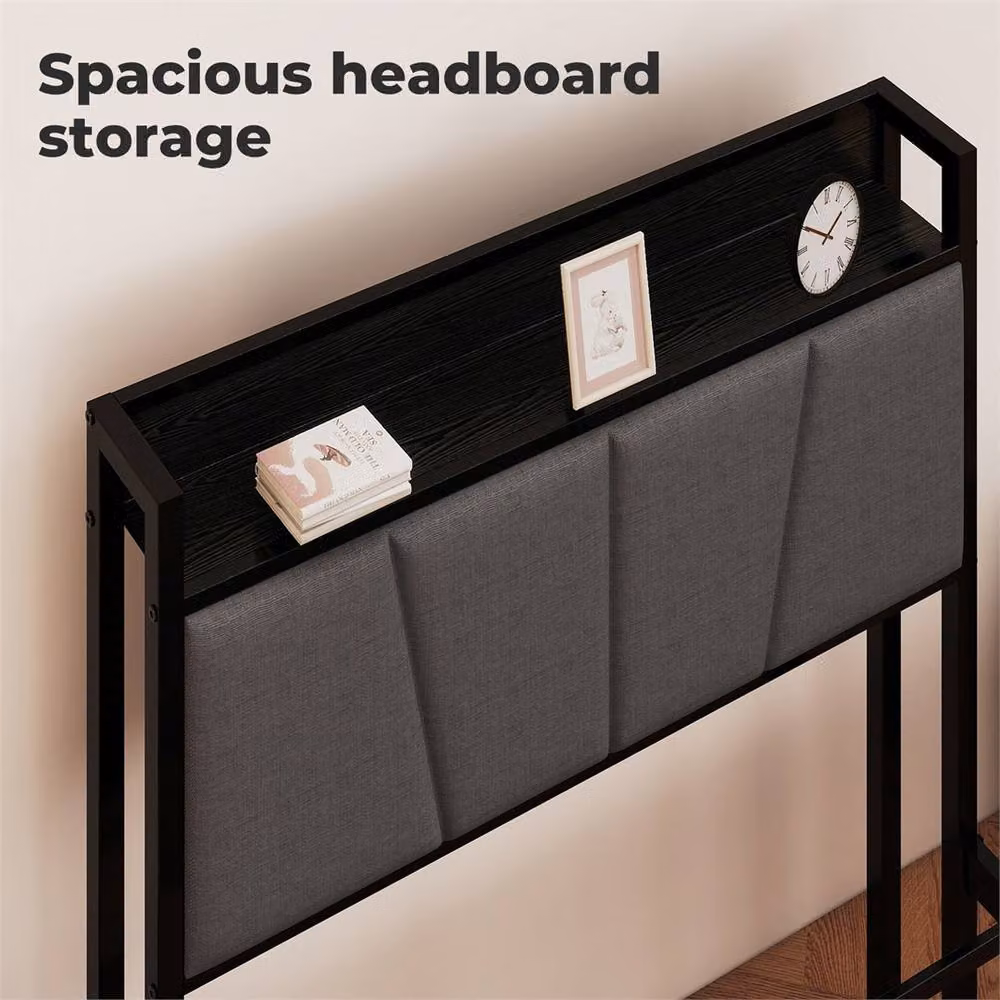 Nordara Single Metal Platform Bed Frame with Upholstered Headboard in Black, W/D/H: 90 x 190 cm – 6