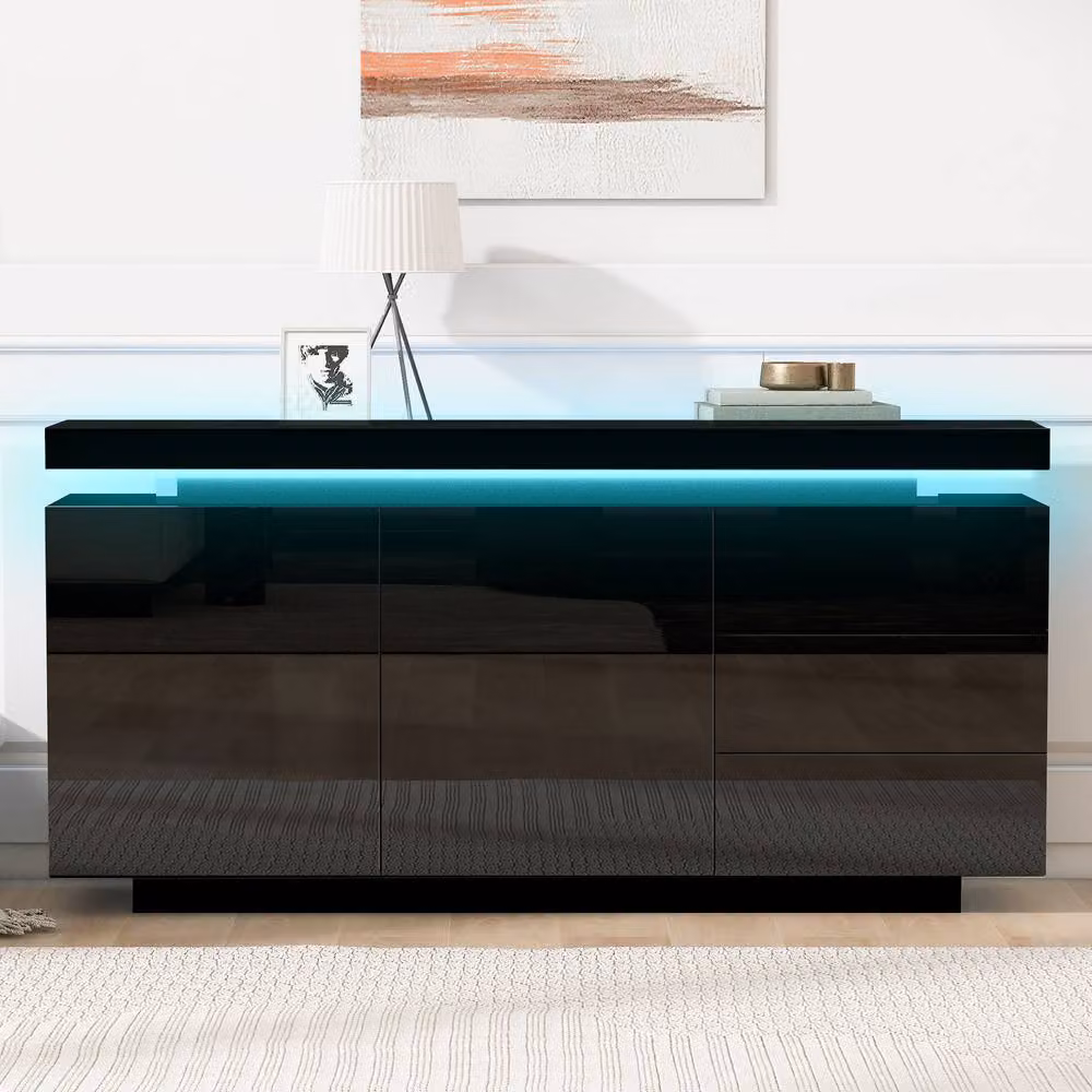 Merax Modern High Gloss LED Sideboard Cabinet in Black with 3 Drawers and 2 Doors – 3