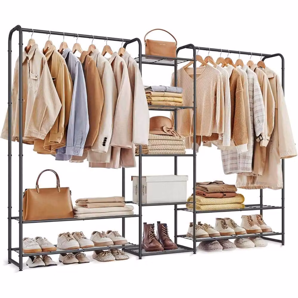 The Bazaarist Metal Clothes Rack Open Wardrobe with Storage Shelves, Matt Black, H 183.0 cm x W 158.4 cm – 2