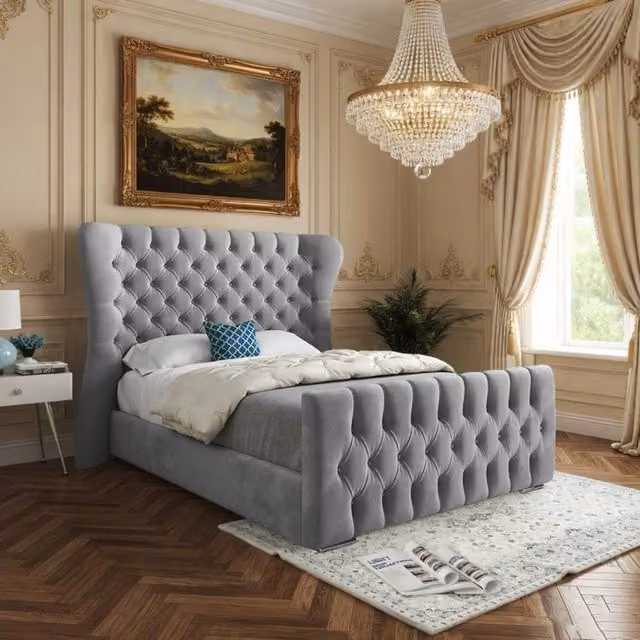 KDMD Silverdale Single Upholstered Velvet Bed Frame in Grey, W/D/H: 90 x 200 x 137 cm