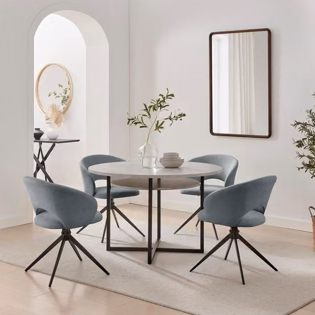 Furniturebox UK Adley Round Grey Concrete Effect Dining Table with 4 Anika Swivel Chairs