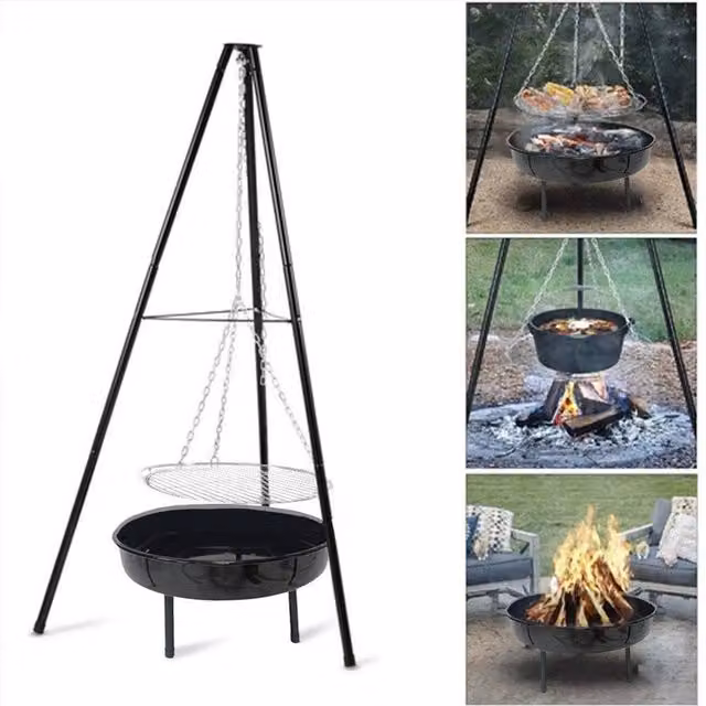 KORVIXA Black Steel Outdoor Cooking Fire Pit Hanging Grill and Fire Bowl, Diameter: 100 cm
