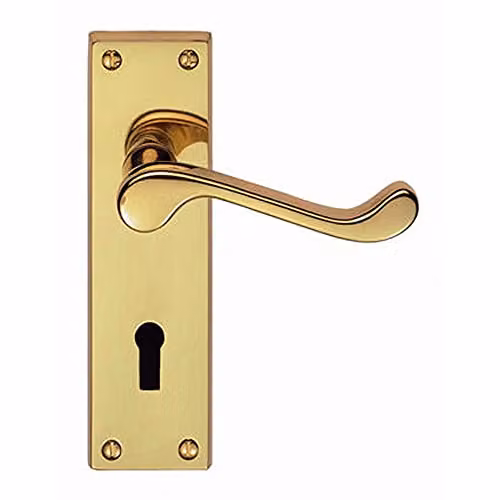 Loops Pair Victorian Scroll Handle on Lock Backplate in Polished Brass, W: 150 mm, H: 43 mm