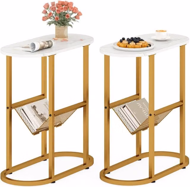 Costway Set of 2 Modern Oval Narrow Side Tables with White Marble Top and Metal Sled Base
