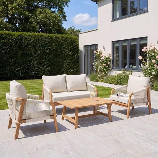 Artemis Home Andria 4-Seat Rope Garden Lounge Set in Beige and White with Acacia Wood