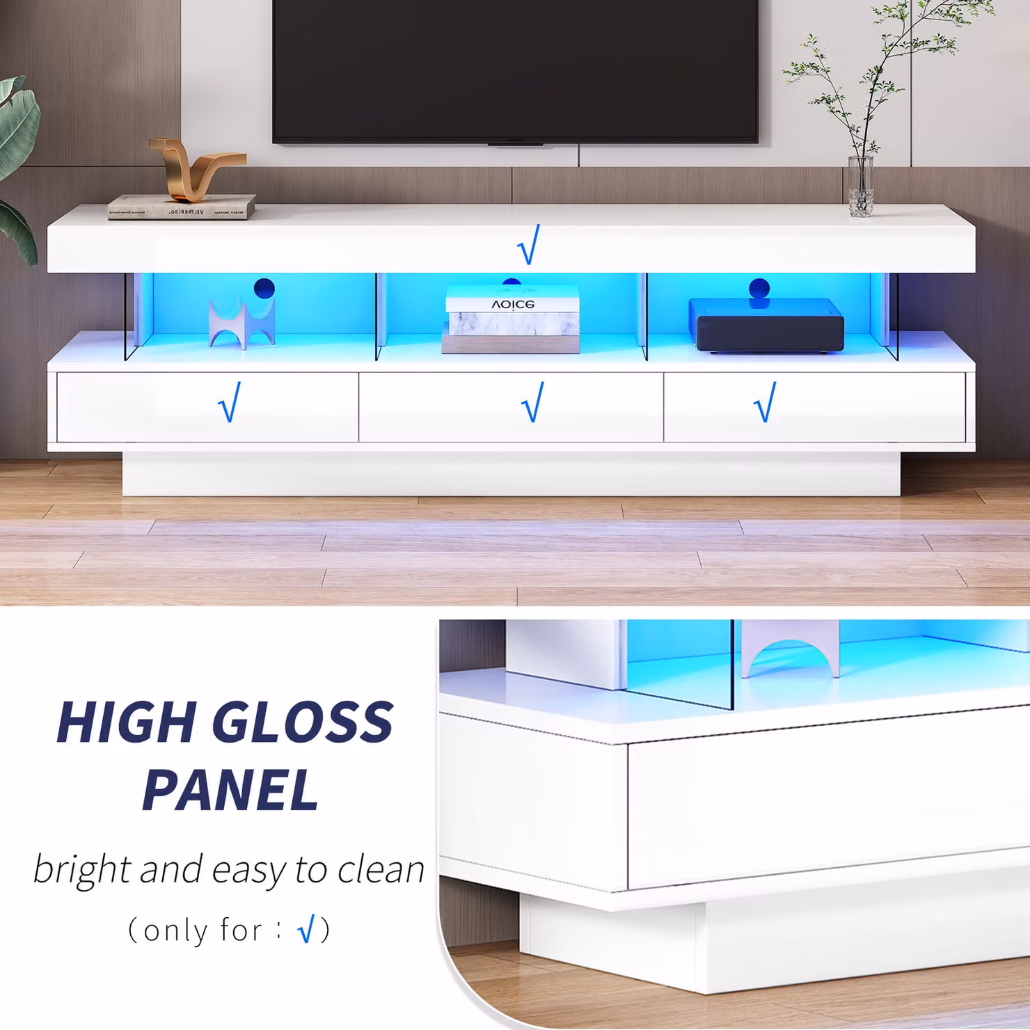 Aosom.UK Modern High Gloss TV Unit with Storage Drawers and Remote Control LED Lights in White, W/D/H: 160 x 38 x 50.5 cm – 3