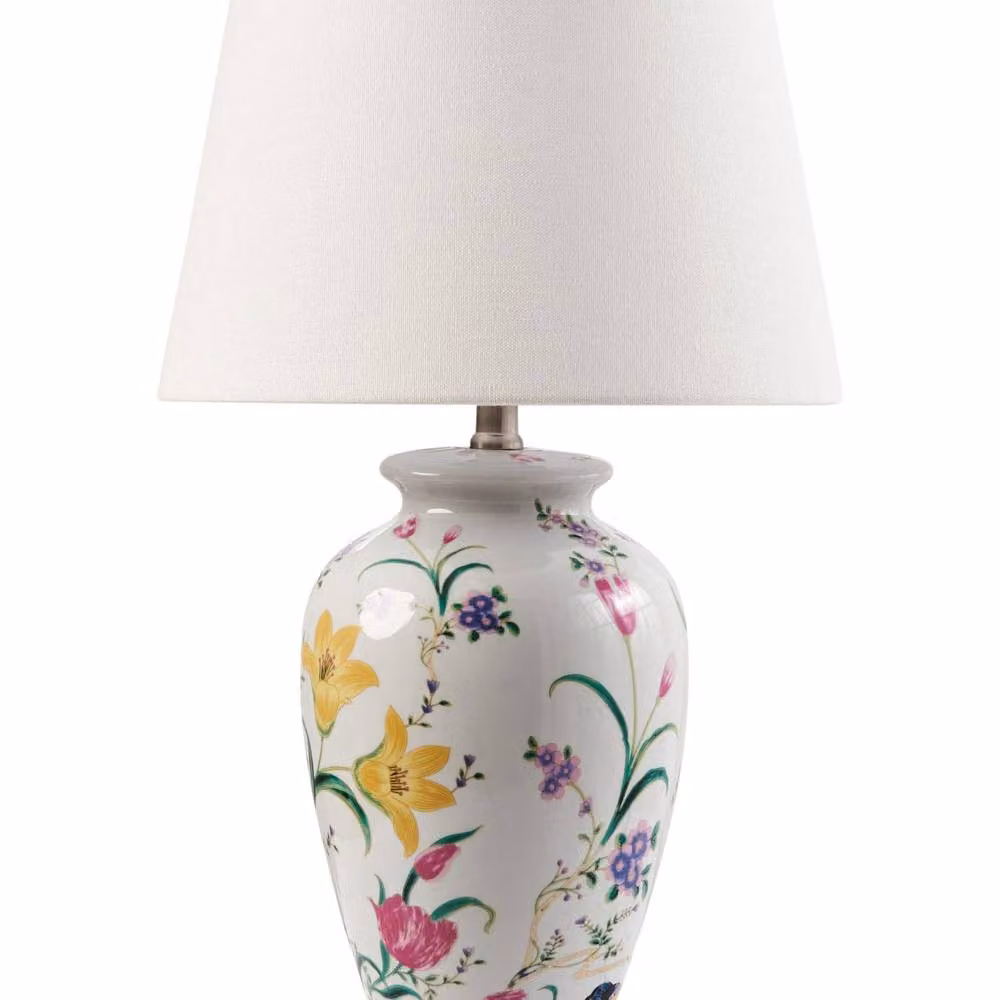 Wyld and Coco White Ceramic Floral Table Lamp with Fabric Cylinder Shade – 2