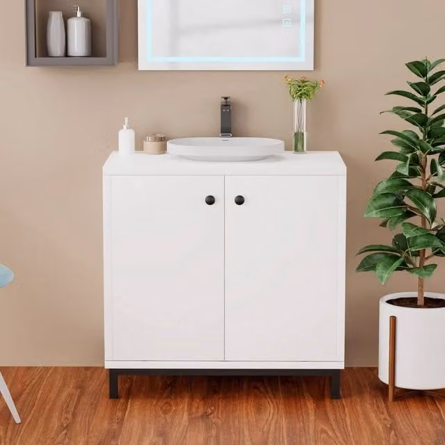EONLION White and Gold Freestanding Under Sink Bathroom Storage Cabinet with Internal Shelves and LED Lighting