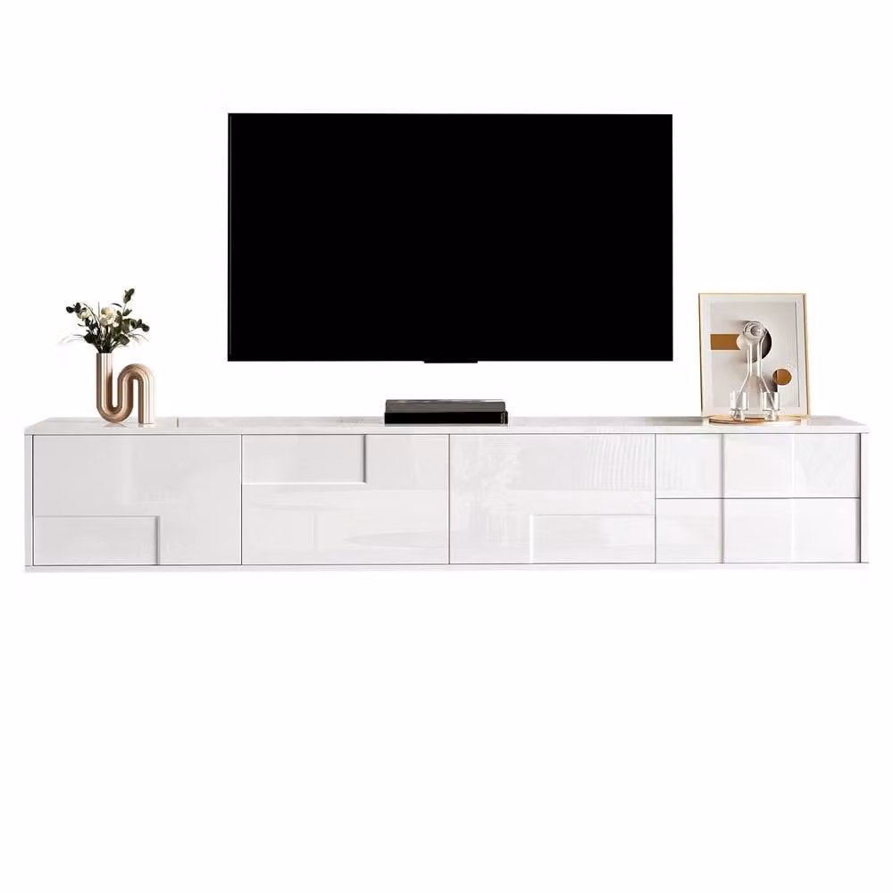 Merax Modern High Gloss White Wall Mounted TV Unit with 3 Doors and 2 Drawers, W/D/H: 167 x 30 x 30 cm – 6