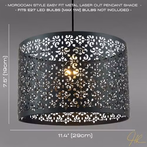 Happy Homewares Moroccan Designed Matte Black Metal Circular Pendant Light Shade with Floral Decor, Diameter: 30.48 cm – 5
