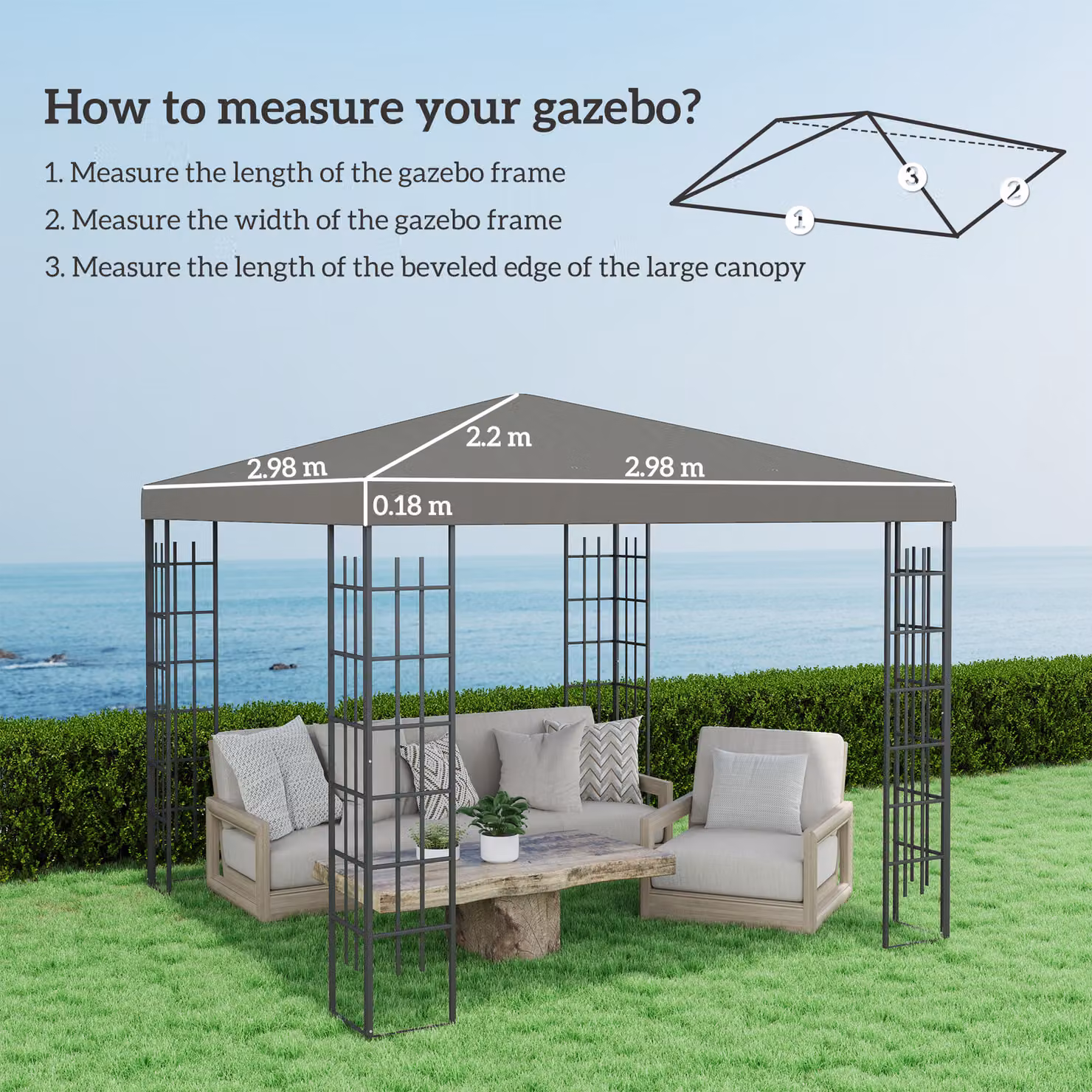 Outsunny Grey Polyester Gazebo Frame Replacement with UPF 50+ Protection, W 3 x D 3 m – 3
