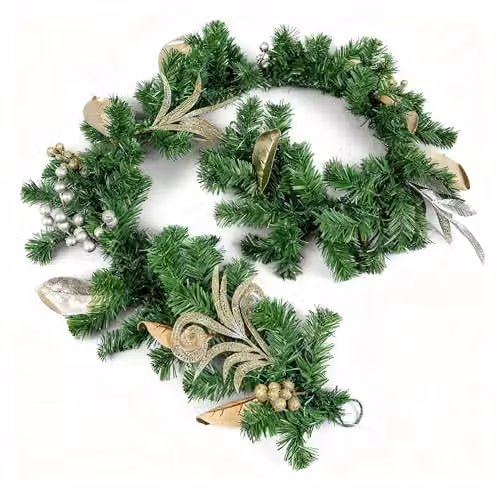 SHATCHI 200cm Christmas Garland with Silver and Gold Berries, Eucalyptus Leaves and Pine Needles