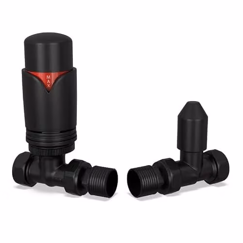 UK Radiators Matt Black Thermostatic Radiator Valve and Straight Lockshield Valve Set