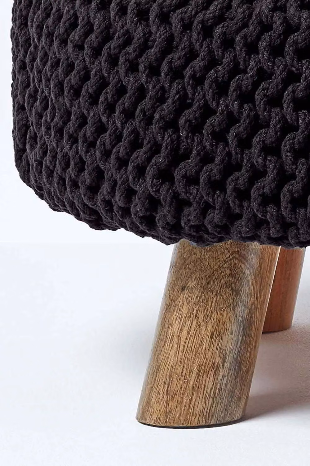 Homescapes Large Round Black Cotton Knitted Footstool with Wood Legs – 3