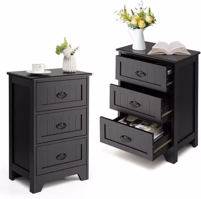VOGREX Black Vintage Lacquered Wood 3-Drawer Bedside Table