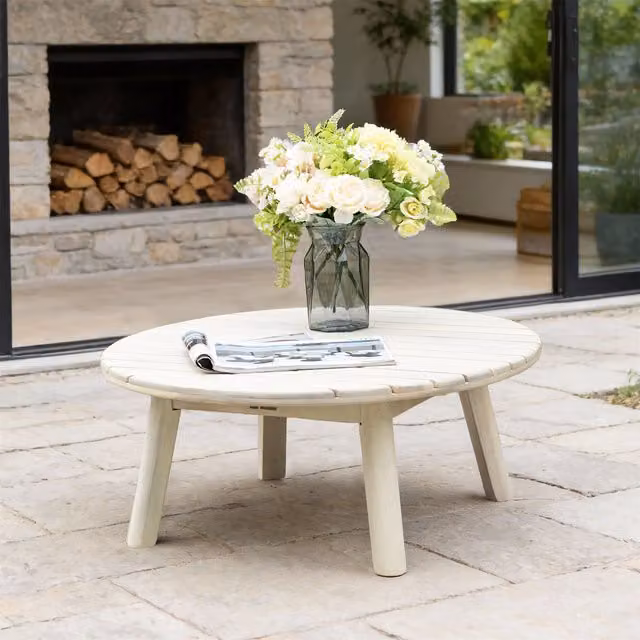 Abrihome PAS-2528 Solid Acacia Wood Outdoor Garden Coffee Table in Natural Brown and White, Diameter: 70 cm
