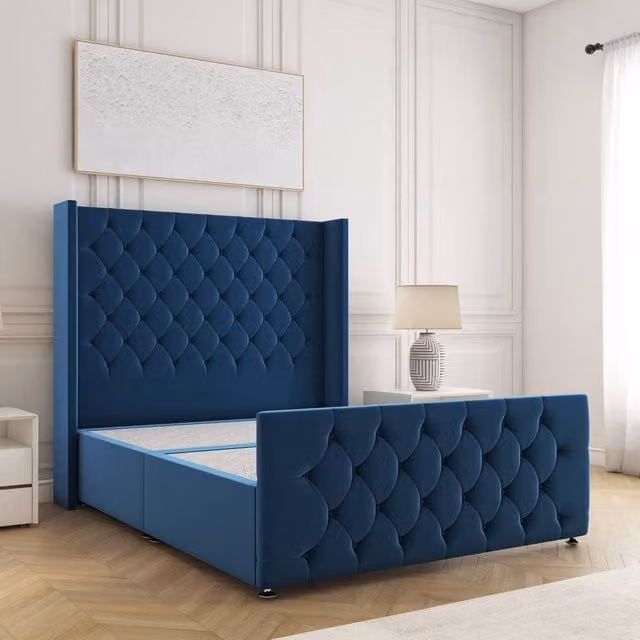 BSSPOKE Florida Super King Divan Bed with 54 inch Plush Velvet Headboard in Blue