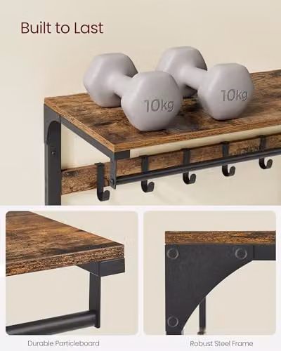 VASAGLE Industrial Wall-Mounted Coat Rack with Shelf and 10 Hooks in Bronze, Brown and Black – 4