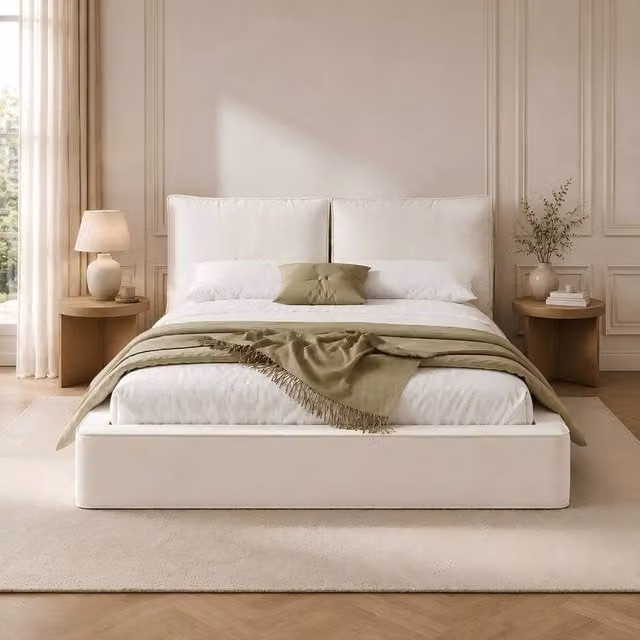 ModernLuxe Upholstered Ottoman Bed with Padded Headboard in Beige, W/D: 140 x 200 cm