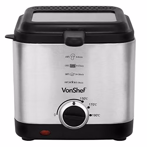 VonShef Stainless Steel Deep Fat Fryer with Adjustable Temperature Control and Non-Stick Removable Basket, Silver, 1.5 l – 8