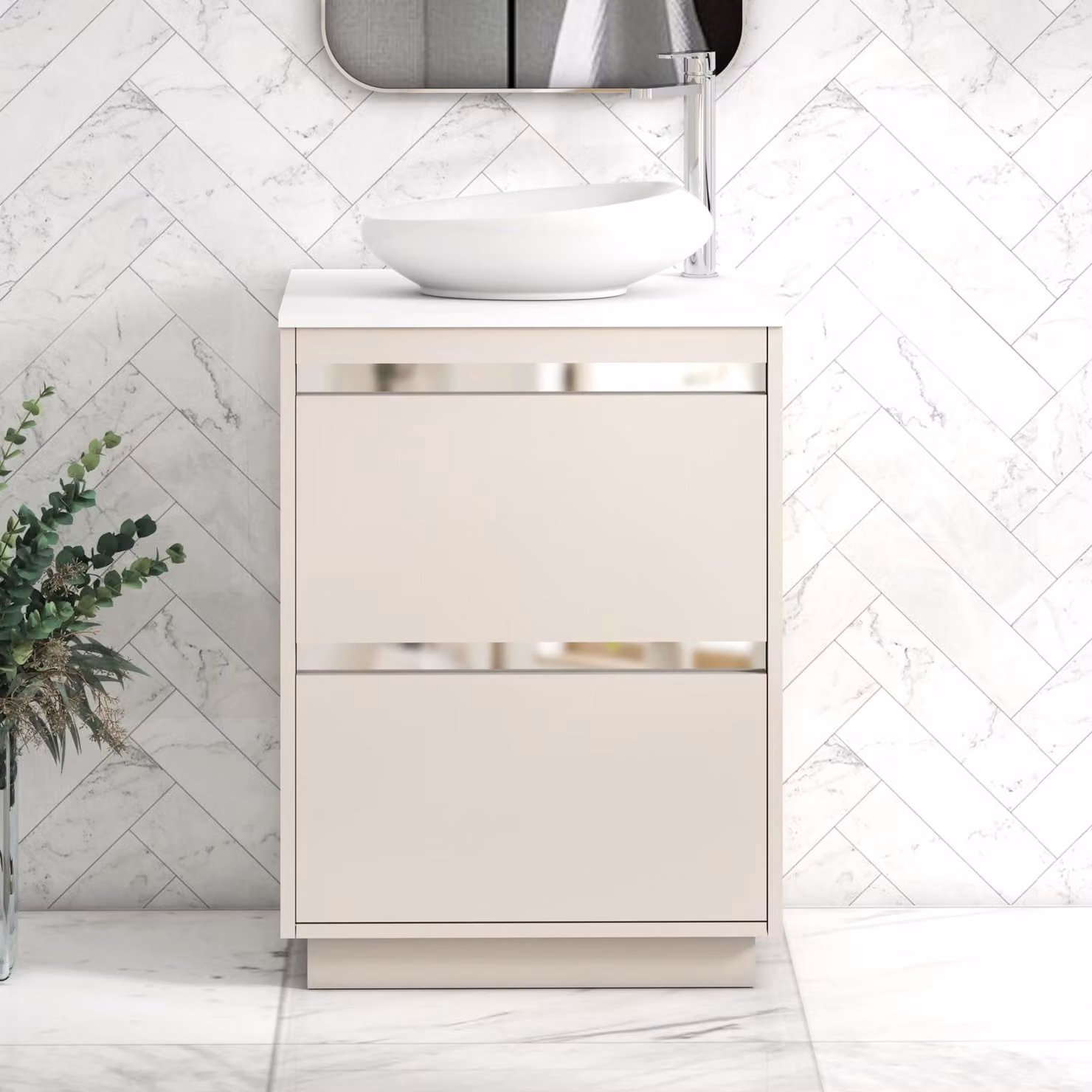Royal Bathrooms Orion 600mm Warm Taupe Floor Standing 2 Drawer Vanity Unit with Nova Basin and Chrome Accent Trim