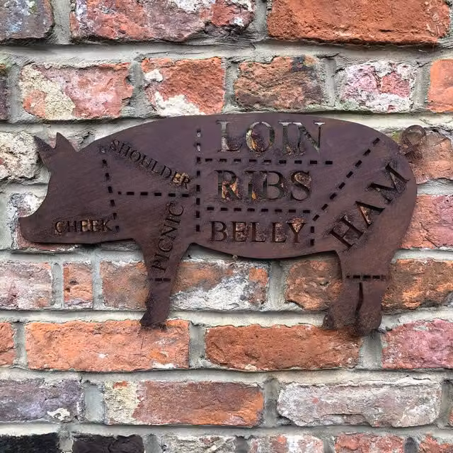 RW Norfolk Rustic Butchers Pig Metal Wall Plaque, Brown