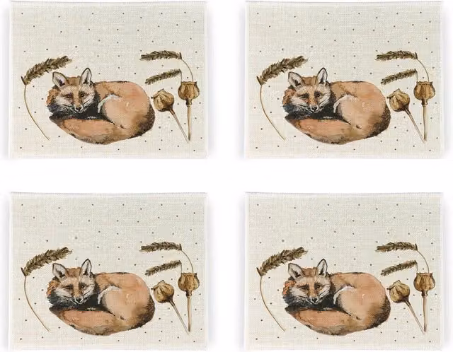 Purely Home Sleeping Fox Floral Linen Placemats, Set of 4, White and Beige Square Design