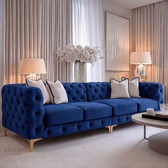 Sofaya Monaco Chesterfield 4 Seater L-Shape Velvet Sofa in Blue with Scatter Cushions – 1