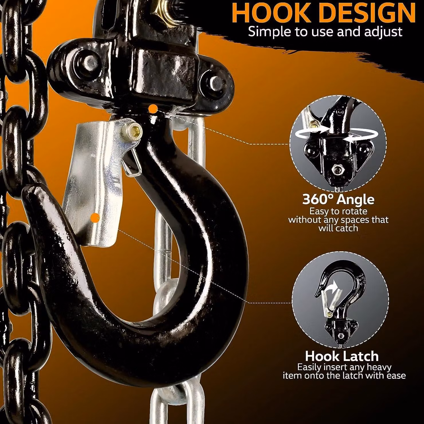 Superhandy Manual Heavy Duty Steel Chain Block Hoist in Orange and Black with 1 Ton 2200lbs Capacity and 3.048 m Lift – 5