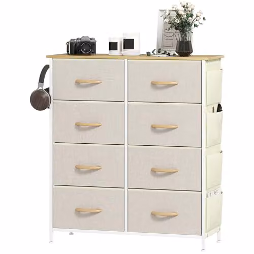 HOMCOM Modern Beige Chest of Drawers with 8 Fabric Drawers for your Bedroom, W/D/H: 94.5 x 30 x 86 cm
