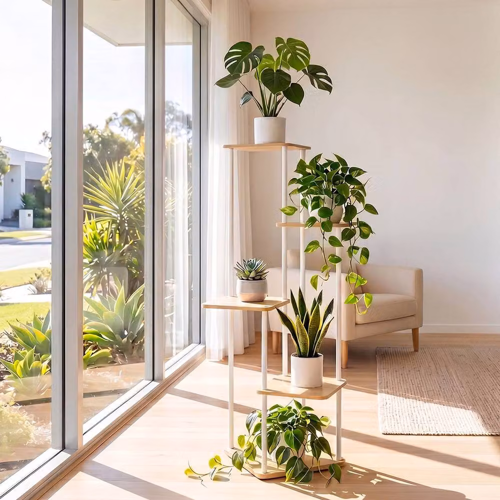 Levede 5 Tier Metal Corner Plant Stand and Flower Pot Display Rack in Natural Sand/Beige/White – 3