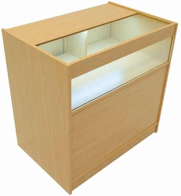 Monstershop B900 LED Retail Shop Counter with Glass Sliding Doors and Integrated Lighting in Maple Beige – 1