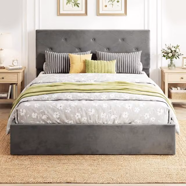 HOMCOM Upholstered Velvet Double Bed Frame with Gas Lift Storage Base in Grey, 140 x 200 cm