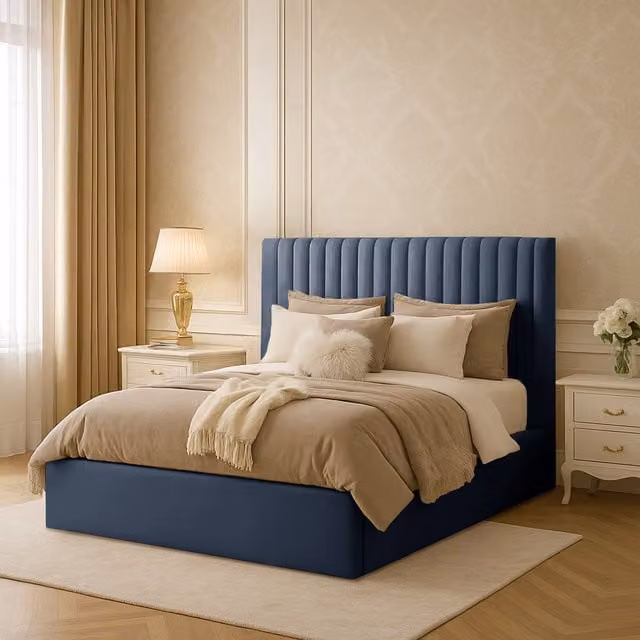 Desire Deco Indigo Upholstered Velvet Bed Frame in Grey and Blue, W/D/H: 180 x 200 cm