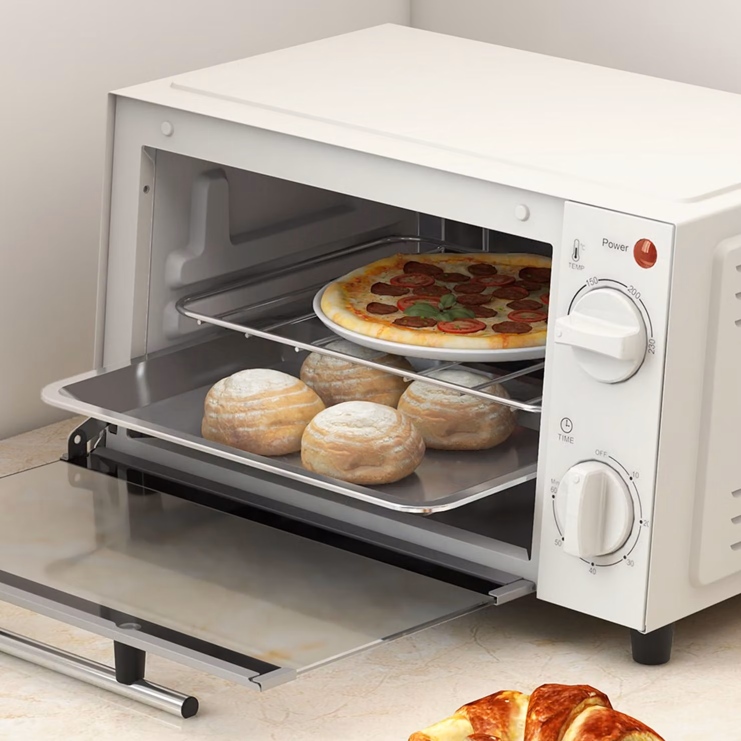 HOMCOM 9L Mini Countertop Electric Grill and Toaster Oven with Adjustable Temperature and Timer in Beige – 5